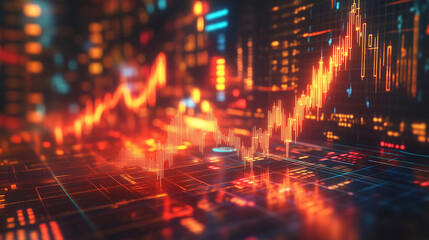 3D Render of an Upward Arrow with Financial Charts and Data in the Background, Depicting Economic Growth and Progress in a Flat Lay Composition, High Resolution.