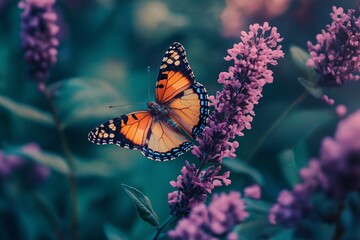Obraz premium A colorful butterfly perches delicately on purple blossoms, capturing nature's vibrant beauty in early spring.