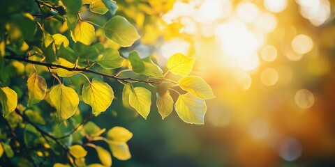 Obraz premium Leaves bathed in golden hour sunlight, creating captivating bokeh effect, capturing the essence of nature's beauty.