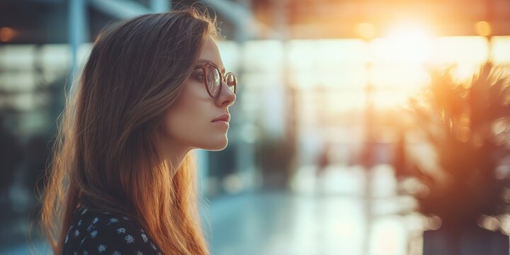 Woman with glasses in pensive mood, illuminated by warm sunlight in a modern setting.