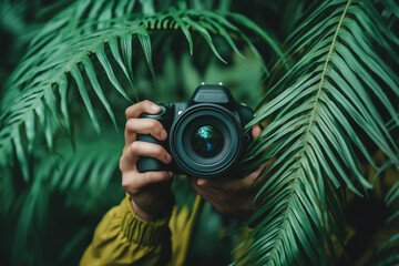 A photographer emerges from the verdant green with a camera in hand, capturing the essence of exploration and focus.