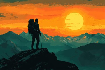 Fototapeta premium Adventurer Standing on Mountain Peak at Sunset with Scenic Mountain Range in Background
