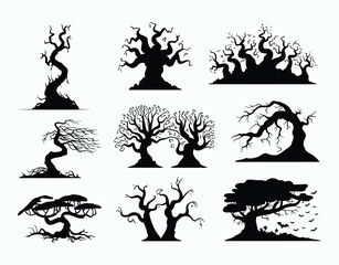 Spooky Tree Silhouettes Set Vector EPS Template Illustration