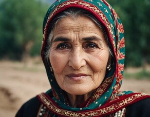 A mature Tajik woman 75 years old, gazes directly, showcasing intricate traditional attire, rich cultural heritage of her nationality, evoking wisdom and grace. Brunette woman, wearing a headscarf. AI