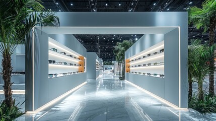 modern trade show booth for a sunglasses. international exhibition for optics, optometry and ophthalmology