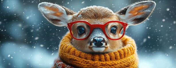 Fototapeta premium Funny Deer with Red Glasses and a Scarf Against Winter Mountains, in a Christmas Mood, Perfect for an Advertising Design Banner 
