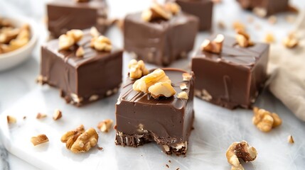 Frosted cubes of pale background with nuts and a silky ganache scoop