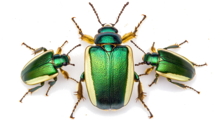 Three Vibrant Green June Beetles Gathered on a White Background Generative AI