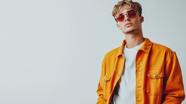 Fashionable Young Man with Sunglasses and Orange Jacket Posing Confidently