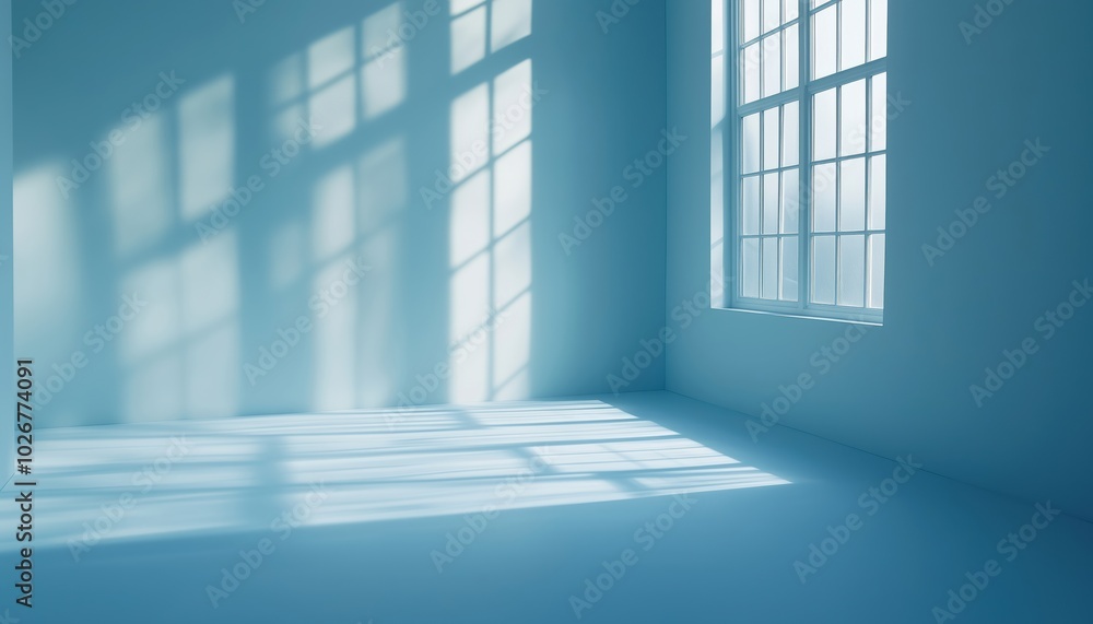 Poster minimalistic light blue studio space with deep window shadows: sparse template and background create