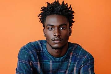 Obraz premium Portrait of a Young Man with Stylish Hair and Plaid Sweater on Orange Background