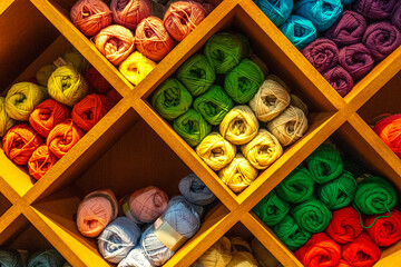 Close up of Colorful balls of wool. 