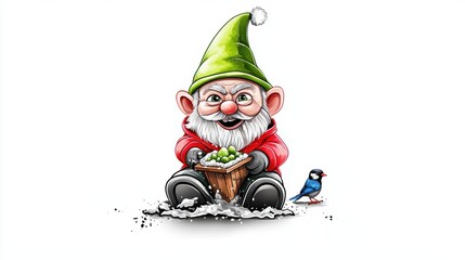 Merry Gnome with Snow and Bird in Winter Scene