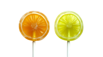 Citrus Swirl Lollipops: Two vibrant lollipops, one orange and one lime, beckon with their sweet, tangy flavor. The translucent swirls of color create a visually enticing treat.