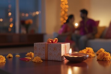photorealistic diwali gift with a empty gift tage on a table. The gift is in focus and out of focus in the background are marigold decorations and a family in their living room celbrating diwali.