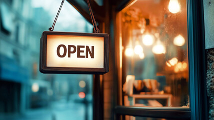 Warmly lit open sign in a cozy urban cafe setting at dusk