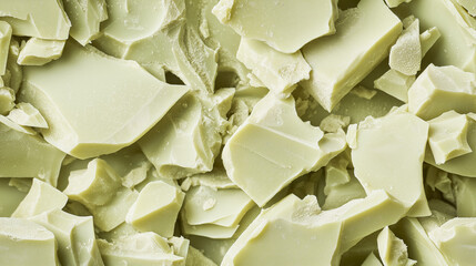 a close-up, top-down view of chopped matcha-flavored white chocolate, filling the frame with its pale green color and smooth, creamy texture