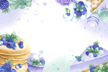 Cake, pancake, marshmallows and candy with blueberries, blackberries, mint. Hand drawn watercolor isolated illustration of desserts with wild berries. Horizontal frame template with space for text.
