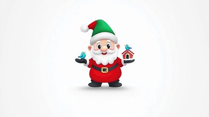 Cheerful Santa Holding Birds and House Icon