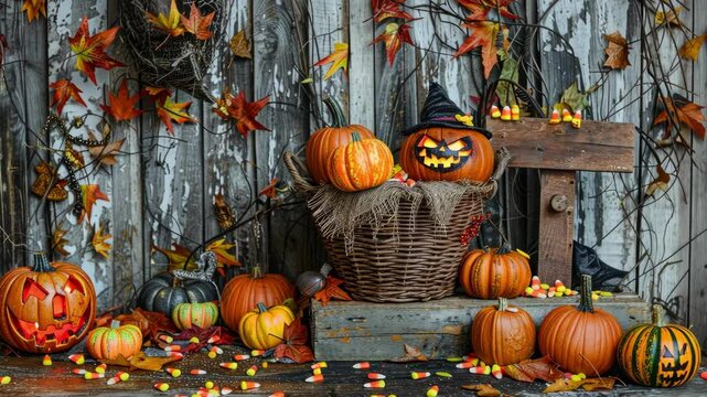 Halloween Scene with Carved Pumpkins, Candy Corn, and Autumn Leaves on a Festive Wooden Background