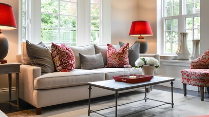 Gorgeous neutral side couch soft gray carpet stylish coffee table red lamp and window adorn this tasteful living area