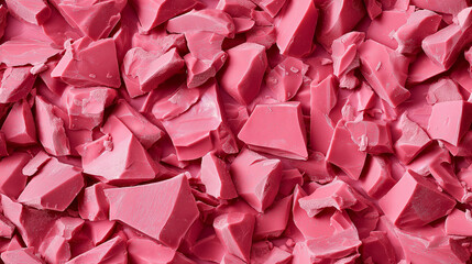 Fototapeta premium a close-up, top-down view of chopped strawberry-flavored chocolate spread across the frame, filling the image with a vibrant pink hue and smooth texture in irregular pieces