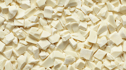 a close-up, top-down view of chopped white chocolate spread across the entire frame, filling the image with its creamy, off-white color and smooth texture in irregular pieces