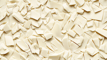 a close-up, top-down view of chopped white chocolate spread across the entire frame, filling the image with its creamy, off-white color and smooth texture in irregular pieces