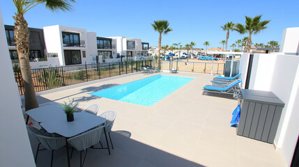 Fototapeta premium Modern outdoor patio with a private pool, palm trees, and contemporary houses.