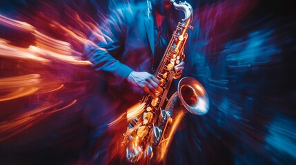 Abstract motion blurred image of a jazz saxaphonist improvising on stage. Jazz music concept.