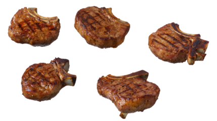 Grilled Pork Chop Steaks Flying Above a Kitchen Countertop Generative AI
