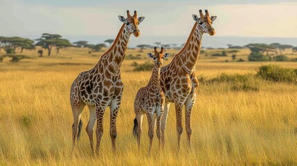 Obraz premium Giraffes in the Serengeti Savanna with Acacia Trees and Golden Grass Under a Soft Sky, Wildlife Photography in a Naturalistic Style 