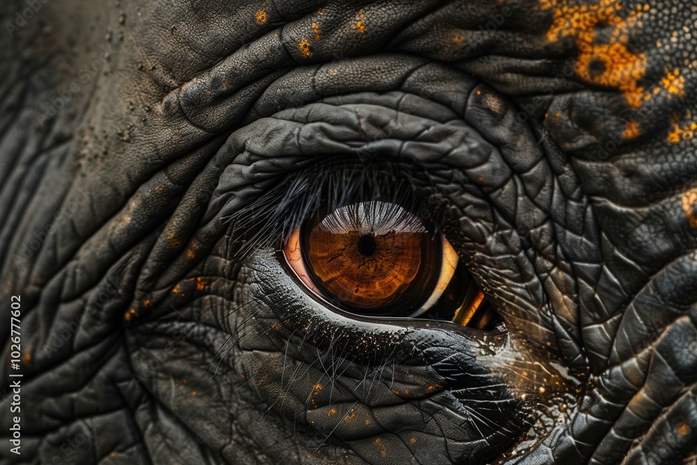 Poster The image reveals the remarkable detail in an elephant's eye, emphasizing the unique textures of its skin and the intensity of its expression. Generative AI