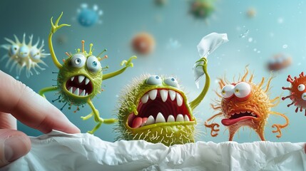 Three cartoon germs are terrified of a tissue being held by a hand.  The germs are green, orange, and red.