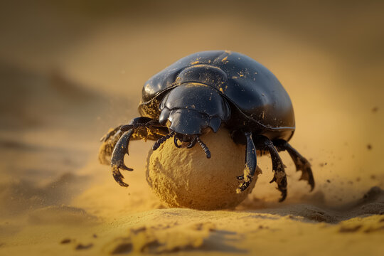 Dung beetle rolling a ball of sand in a desert landscape. I