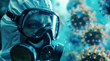 Close-up of a person wearing a gas mask and goggles, with a blurry background of virus particles.