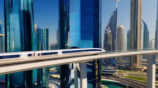 Maglev train passing through the modern city with skyline