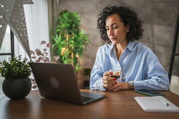 Mature caucasian woman work or learn use laptop at home