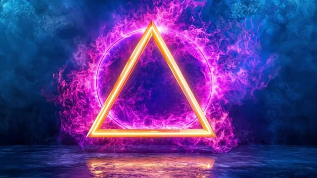 Neon triangle with mystical purple flames against a textured blue background