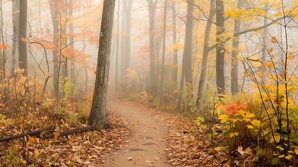 Hazy dirt path that opens into a charming fall woodland