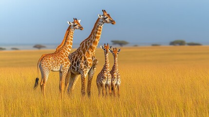 Fototapeta premium Giraffes in the Serengeti with Acacia Trees, Wildlife Photography of a Giraffe Family on Grassy Plains in an African Safari Landscape 