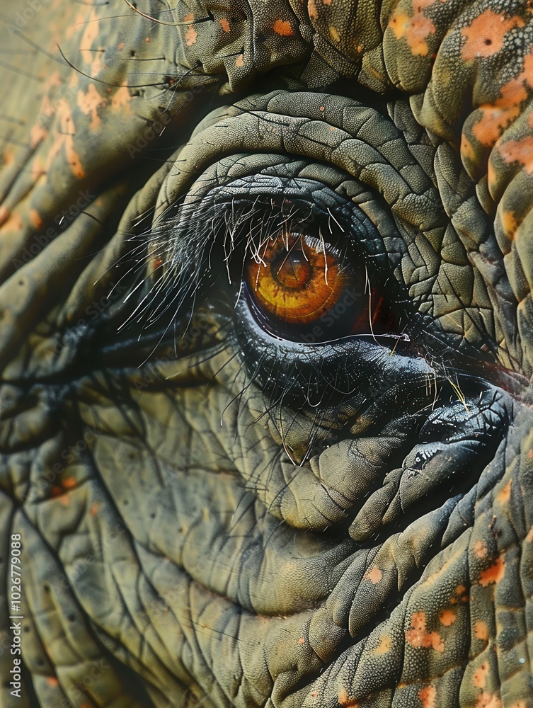 Poster the photograph captures the detailed texture of an elephant's skin around its eye, revealing the pro