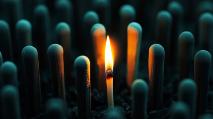Single lit matchstick amidst unlit matches in dark setting
