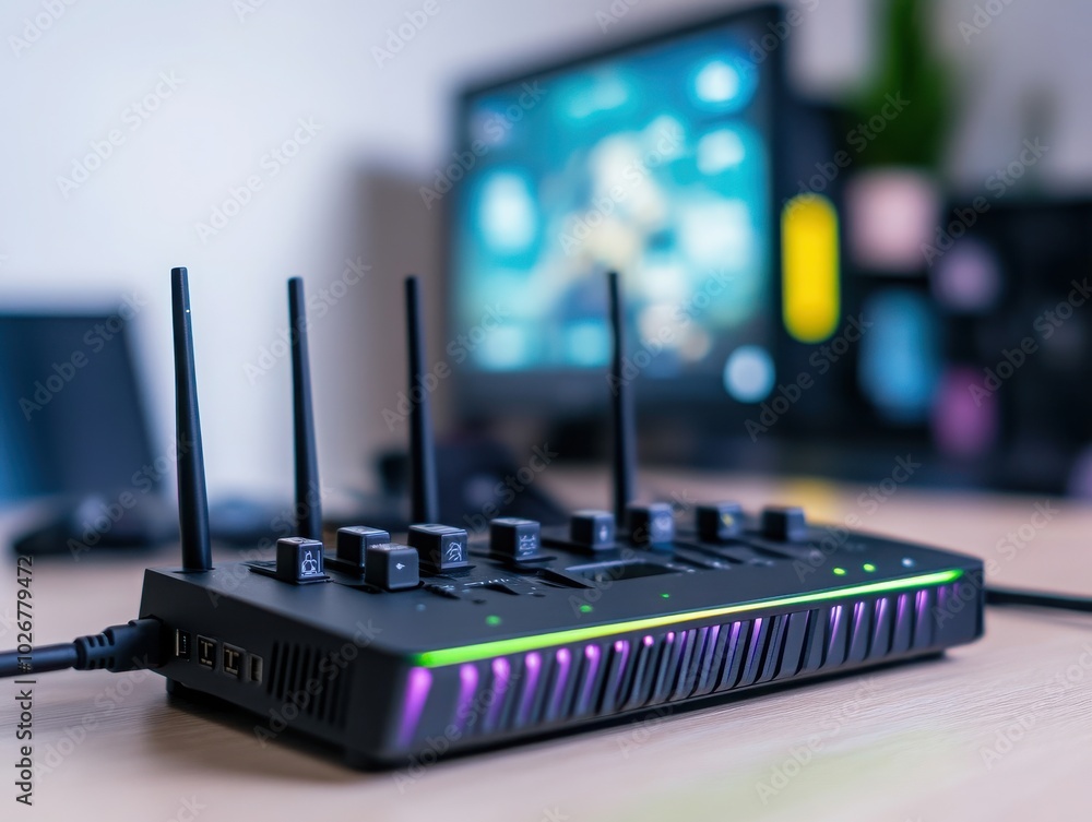 Poster a modern wireless router with multiple antennas, designed for high-speed internet connection and sea