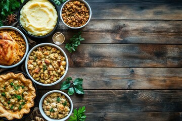 Thanksgiving turkey dinner. Overhead view top border on a rustic wood table banner background. Turkey, mashed potatoes, stuffing, pumpkin pie and sides