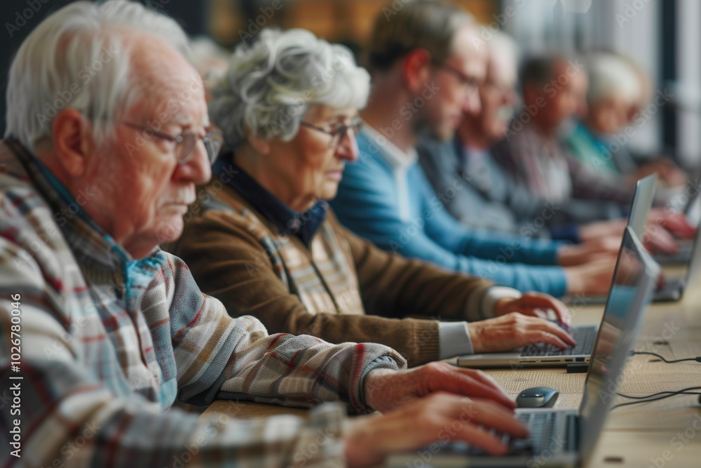 Leinwandbilder a group of elderly participants is focused on learning computer skills through hands-on practice at 