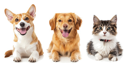 Fototapeta premium Happy Dogs and Cats Happily Posing Together on a Bright Background Generative AI