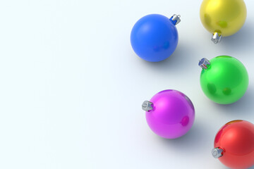 Scattered christmas balls on light gray background. Round bauble. Traditional decoration. Copy space. 3d render