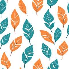 Fototapeta premium Vibrant seamless pattern of orange and blue leaves on white background