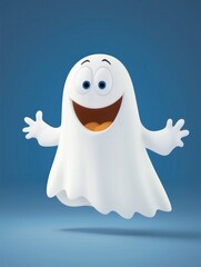 Friendly cartoon ghost with happy expression on blue background